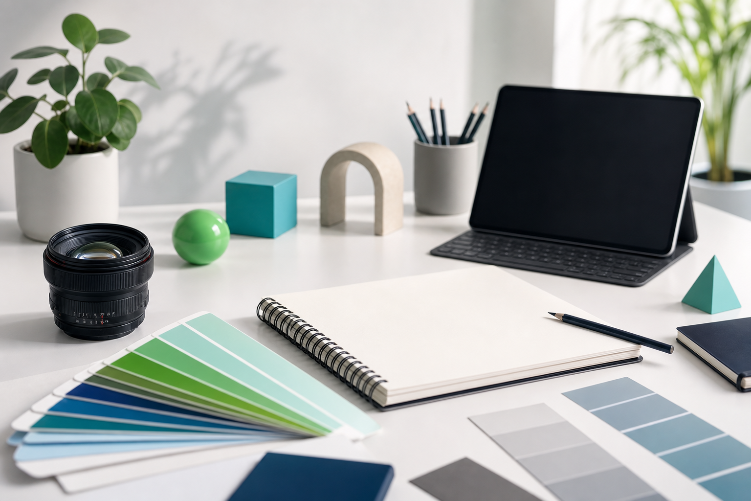 Mesa de estudio creativo con cámara y recursos para edición de vídeo corporativo