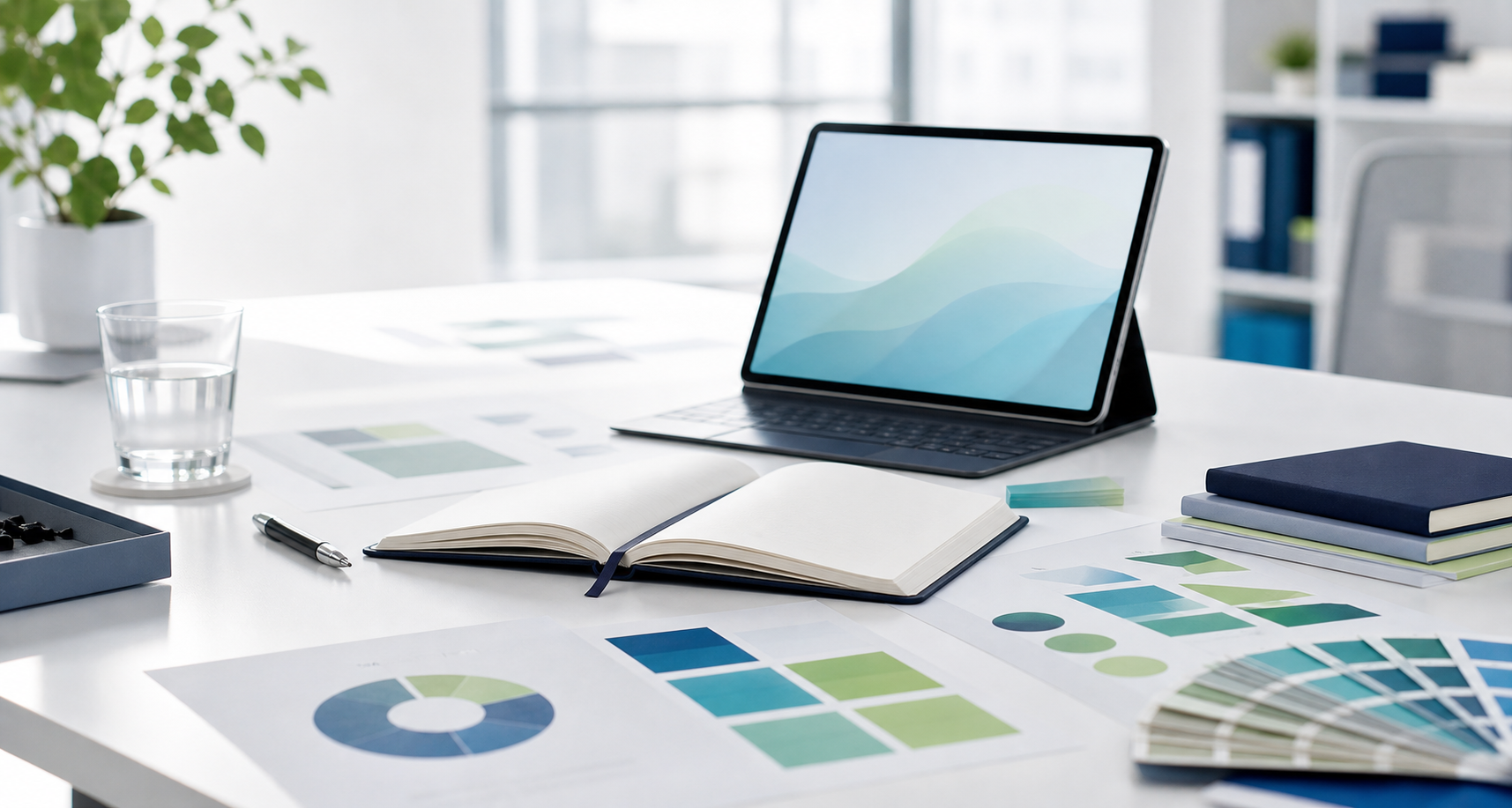 Planificación de marketing online y estrategia SEO en una mesa de estudio luminosa
